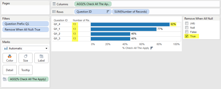 Figure 15 -- Removing "All of these are Null" from the respondent pool gives us the correct count of 13 and the correct percentage (12 out of 13).