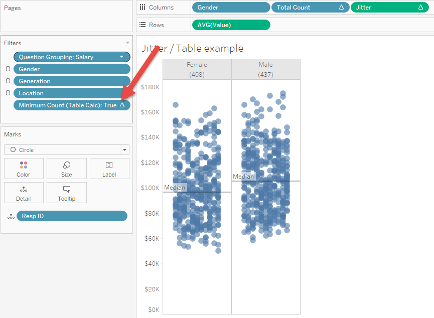 Figure 7 -- Pill and filter configuration for a jitterplot visualizing salary data.