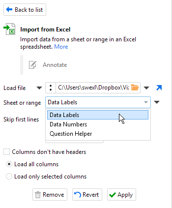 Figure 2 -- Specifying which sheet in the Excel workbook I want to use, in this case Data Labels.