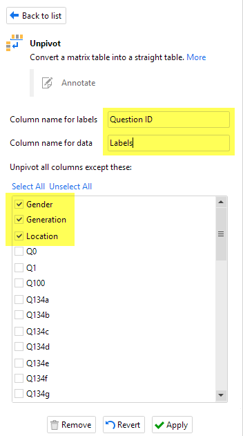 Figure 6 -- Specify which fields to keep and which to reshape. The two other fields are at the bottom of the list.