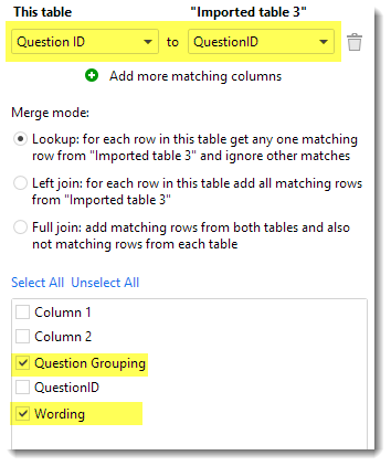 Figure 16 -- Specifying the Join field and which columns to combine. Here we join “Question ID” with “QuestionID.” Hey, who says I don’t show “real world” examples?