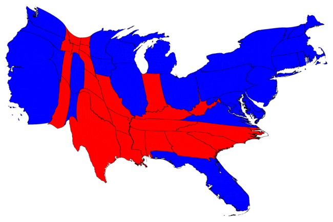Figure 6 -- Cartogram showing election results where the shape of the state is based on its population and not land mass.