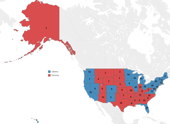 Figure 4 -- Filled map showing electoral vote winners for the 2012 presidential election (displaying 50 states)
