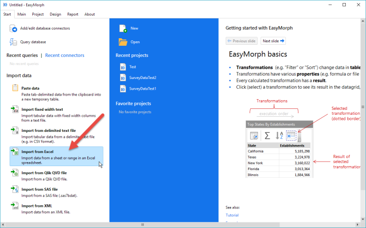 Figure 1 -- EasyMorph Start page. Yes, we're importing Excel files but we can also connect to databases.