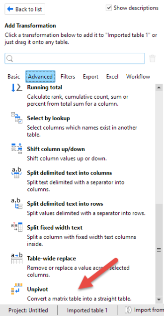 Figure 5 -- Not the most obvious place to find this feature, but this is how you reshape the data (Tableau calls this a pivot; EasyMorph calls it an unpivot.  Tomato Tomahto...)