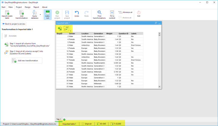 Figure 7 -- Our reshaped data.  We've applied two transformations.  Notice at the bottom of the screen we see that we went from 45 columns and 845 rows to 7 columns and 33,000 rows.