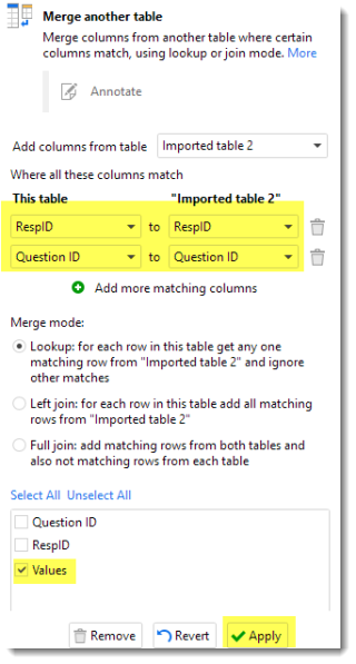 Figure 13 -- Selecting which fields to join and which columns to combine from the second data source.