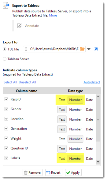 Figure 19 -- Exporting to a .TDE file. Note that you can write the file directly to Tableau Server.