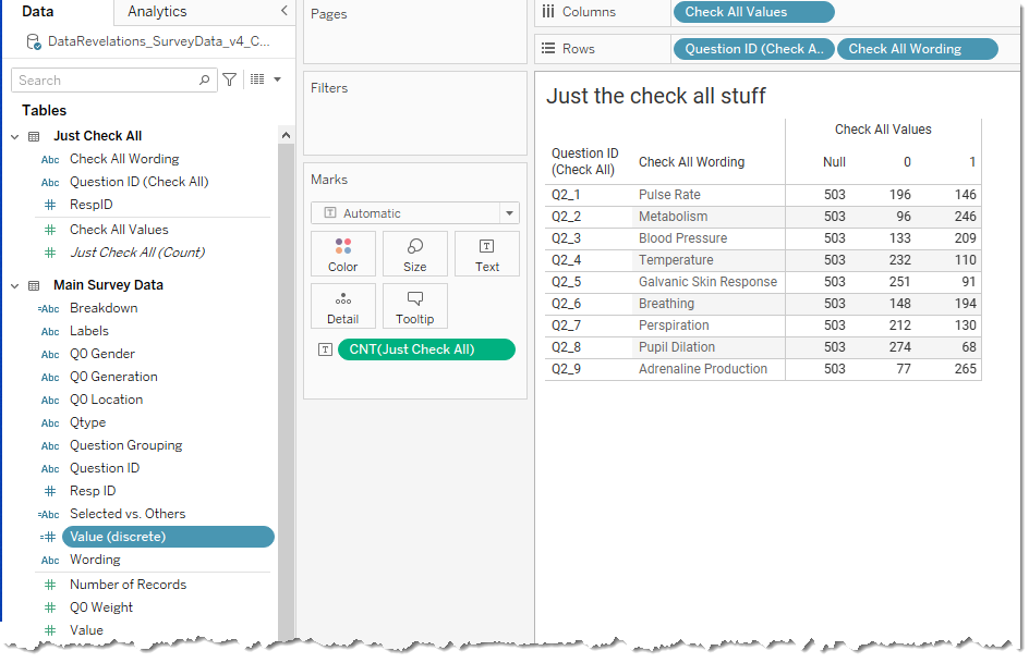 A text table in Tableau showing the responses to the check-all-that-apply questinos