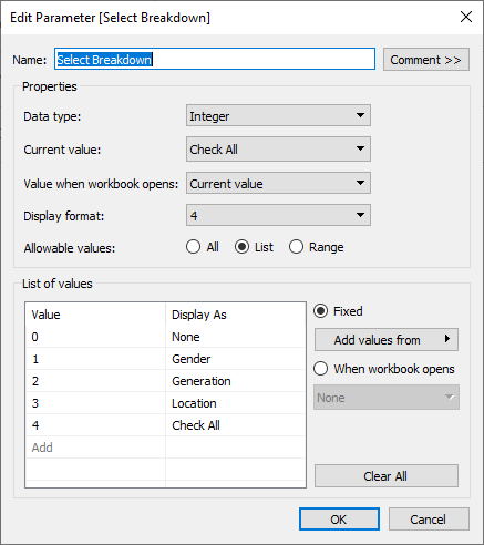 Tableau's edit parameter dialog box showing five options including the check-all-that-apply breakdown