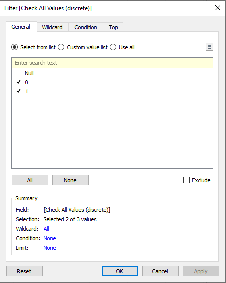 Filter dialog box showing Nulls excluded