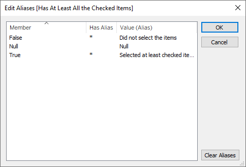 Alias dialog box showing how True and False are named.