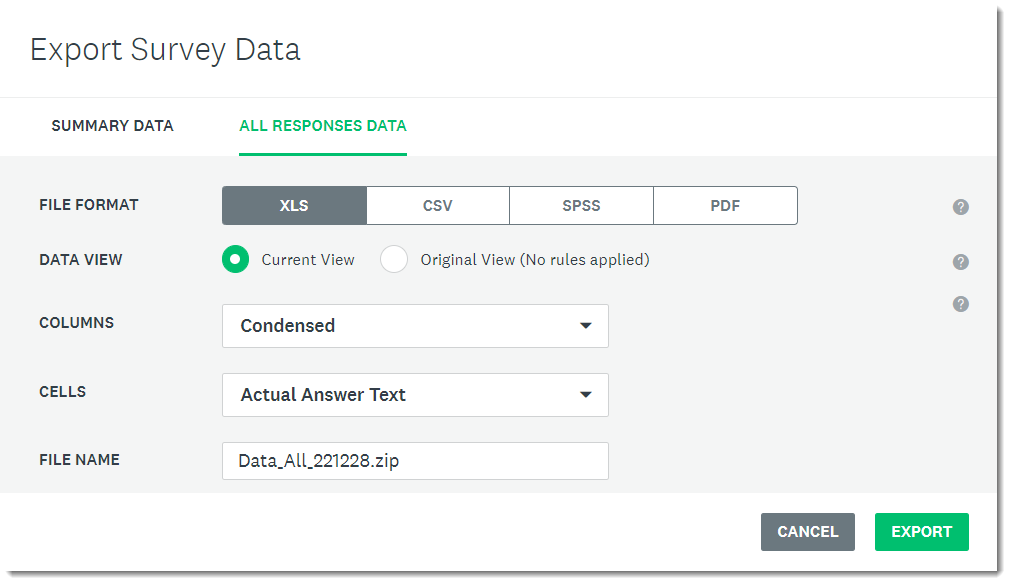 The SurveyMonkey export data dialog box