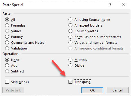 Excel's Paste Special dialog box with Transpose selected.